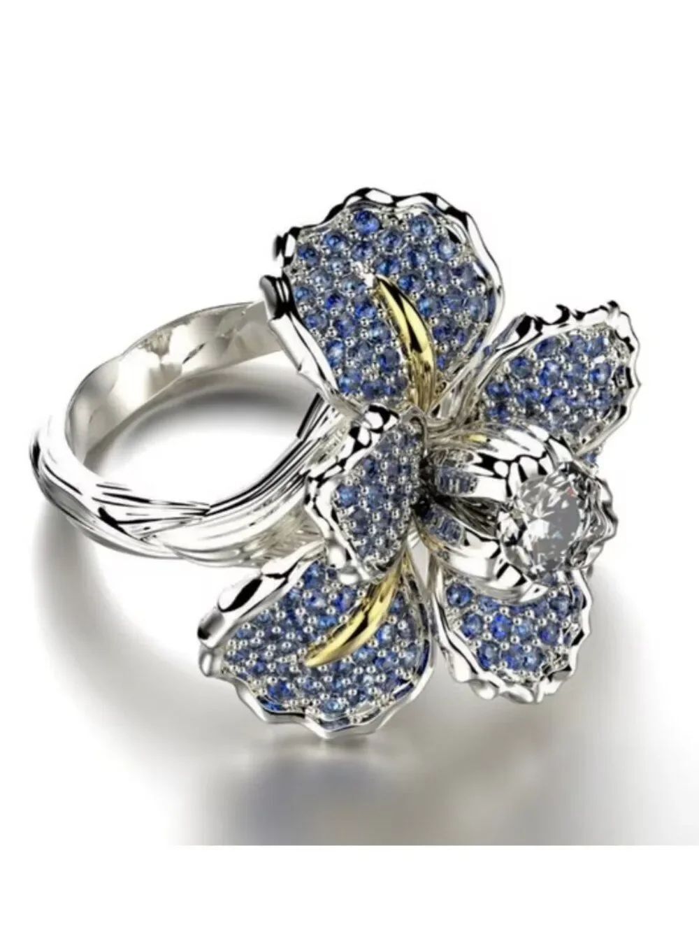NWT Fine Jewelry Simulated Sapphire Iris Flower Two-Tone Statement Cocktail Ring